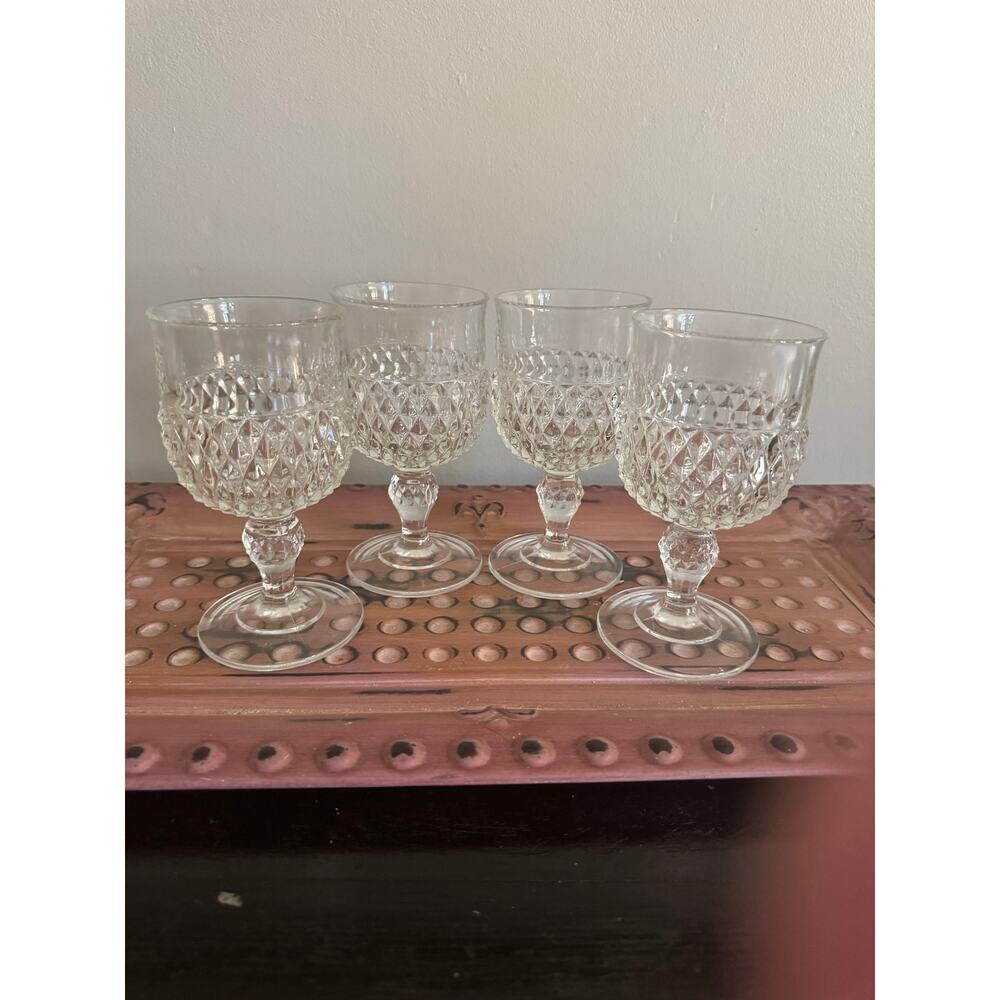 Set of 4 Indiana Glass Diamond Point Goblets Clear Pressed Glass Pedestal VTG